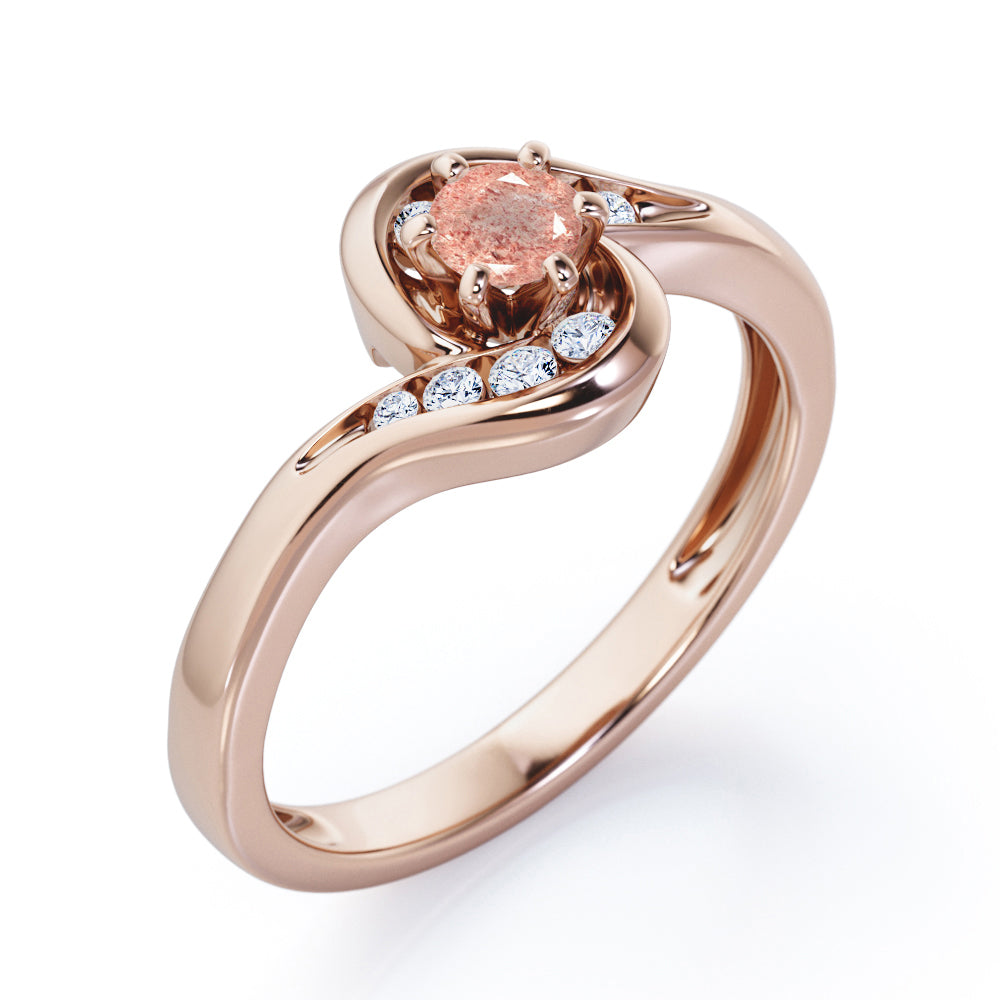 Whirly Gemstone 0.55 carat Round Strawberry Quartz and diamond Artistic Engagement Ring in Rose Gold