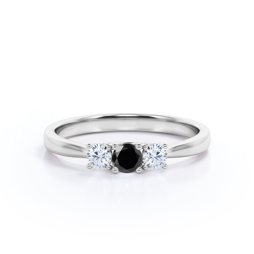 1.15 Carat Round Cut Lab Grown Black Diamond Three Stone Engagement Ring In White Gold