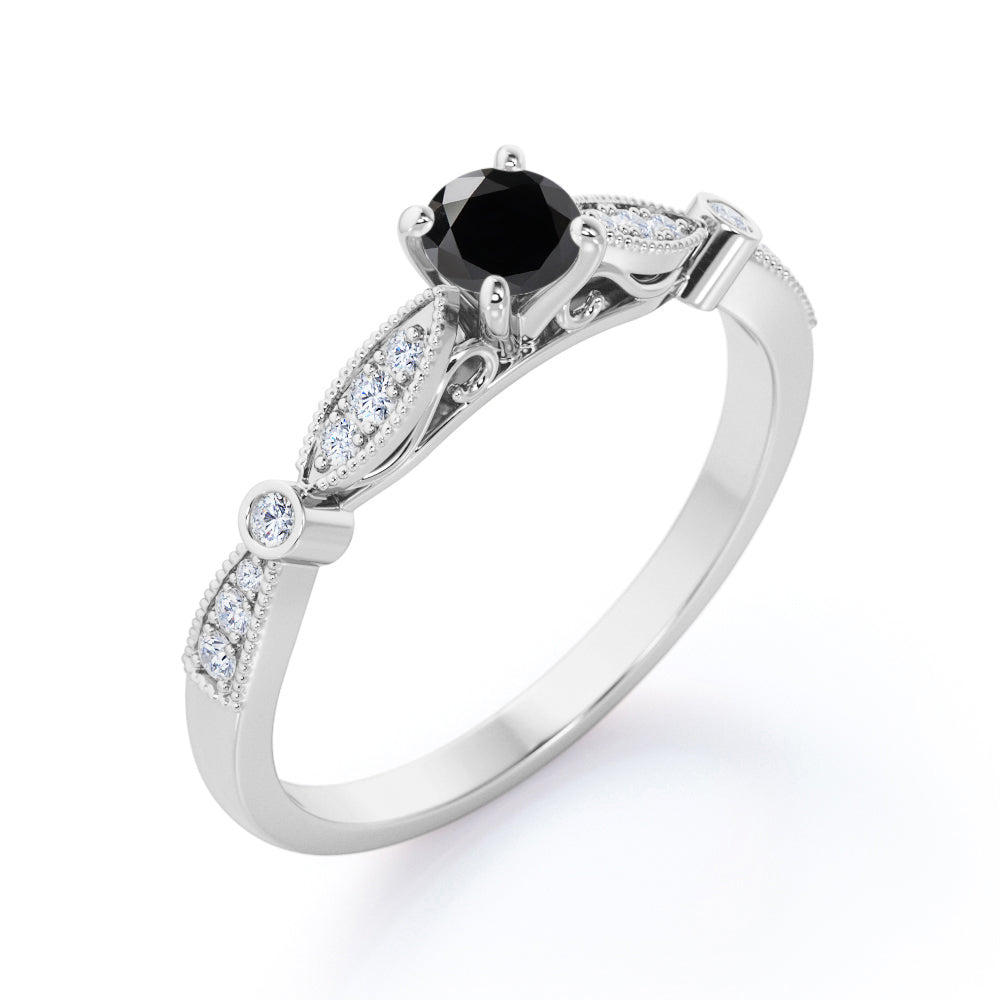 1.15 Carat Round Cut Lab Grown Black Diamond Four Prong Unique Engagement Ring In White Gold