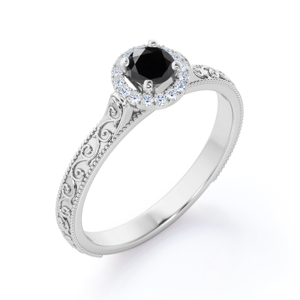 1.15 Carat Round Cut Lab Grown Black Diamond Antique Art Deco Engagement Ring In White Gold