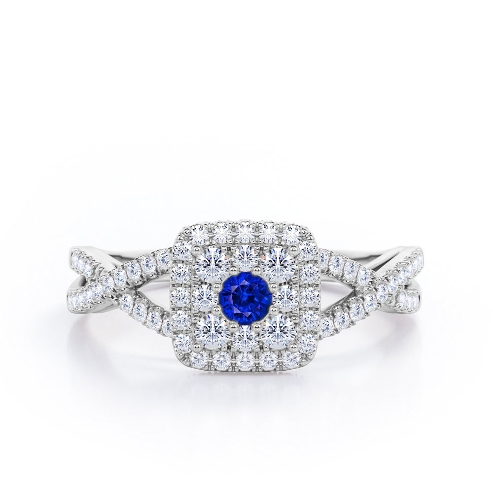 Pave Crossover - 1.25 Carat Round Cut Blue Sapphire and diamond - Flush Cluster Halo Engagement Ring in White Gold