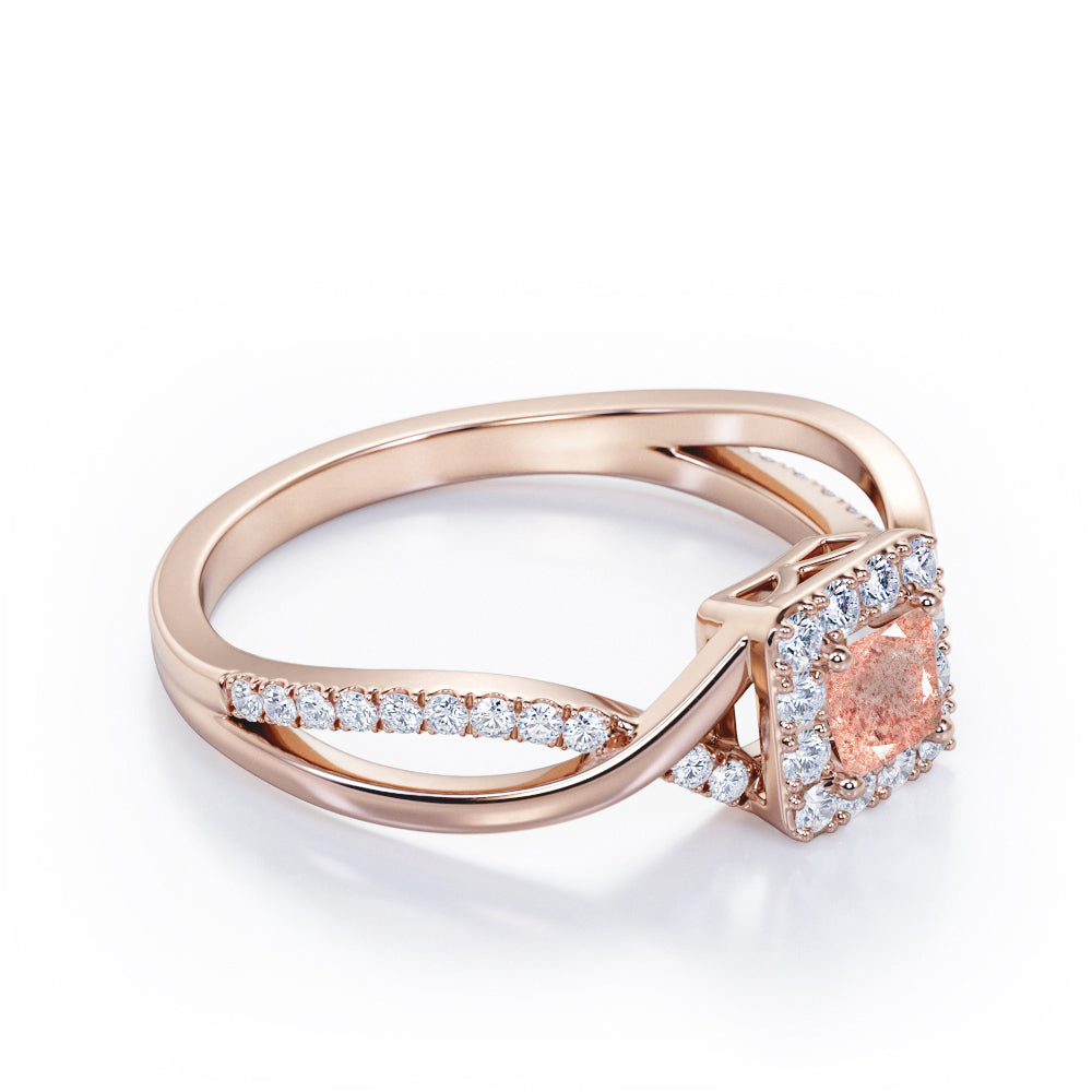 1.25 Carat Princess Cut Strawberry Quartz - Half Crossover Pave - Halo Engagement Ring in Rose Gold