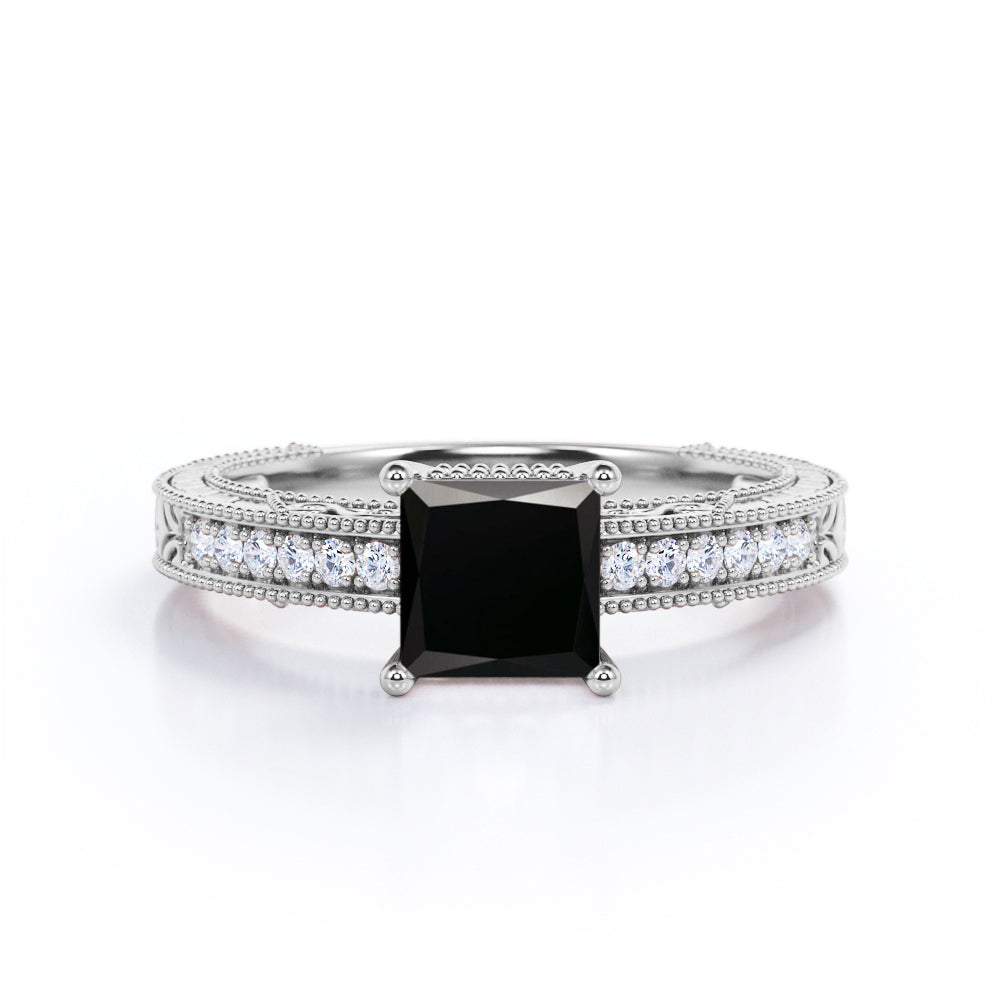 1.25 carat princess cut Black Diamond vintage milgrain engagement ring in white gold