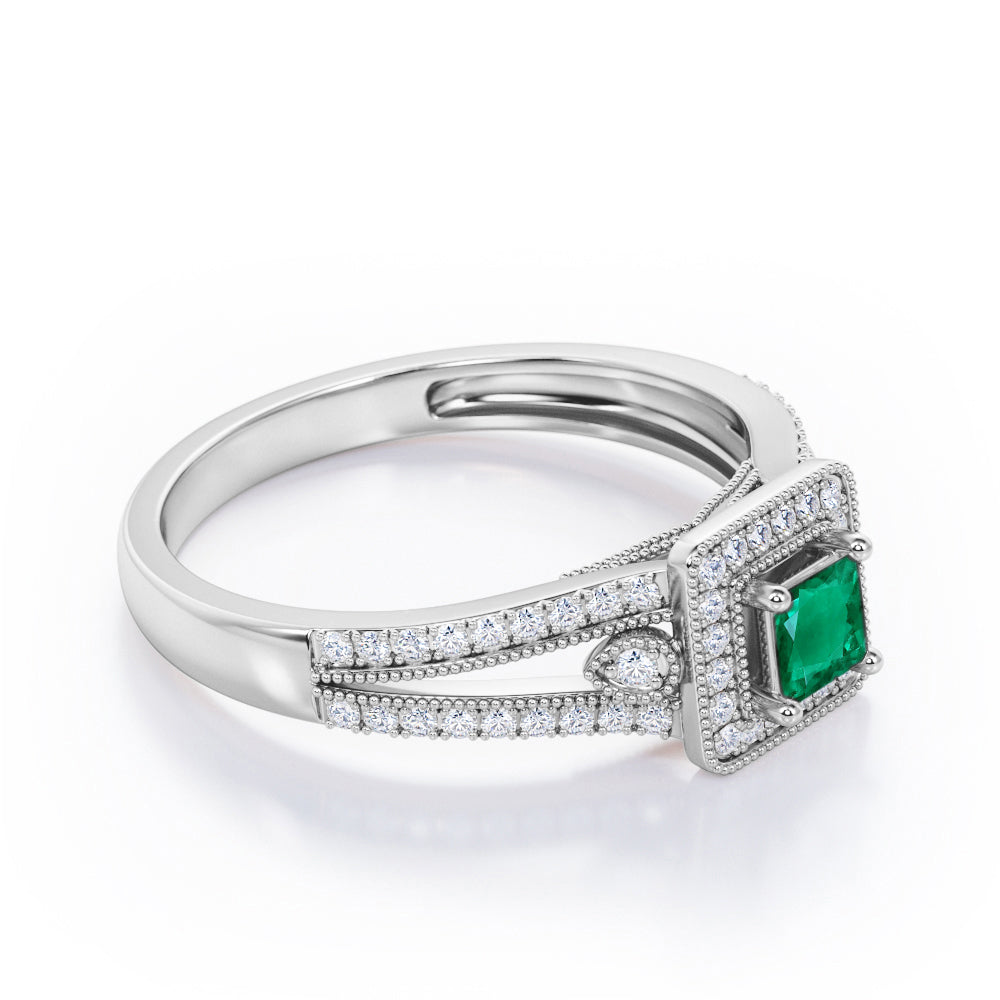 Split-Shanked Pave 1.55 Carat Princess Cut Emerald and diamond Milgrain-Bordered Halo Engagement Ring in White Gold