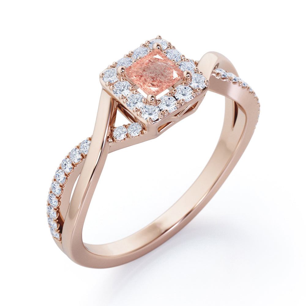 1.25 Carat Princess Cut Strawberry Quartz - Half Crossover Pave - Halo Engagement Ring in Rose Gold