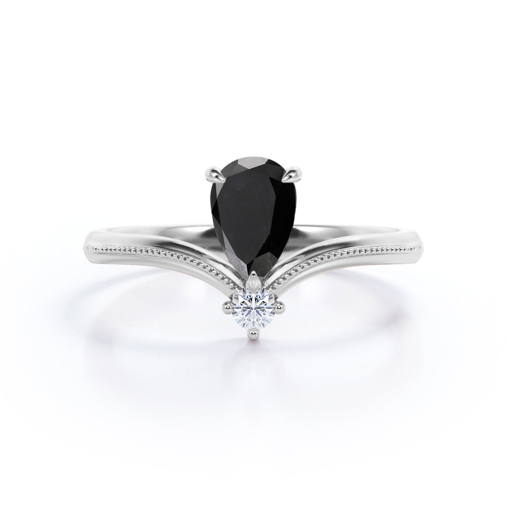 1 carat tear drop cut Black Diamond V shaped style engagement ring in white gold