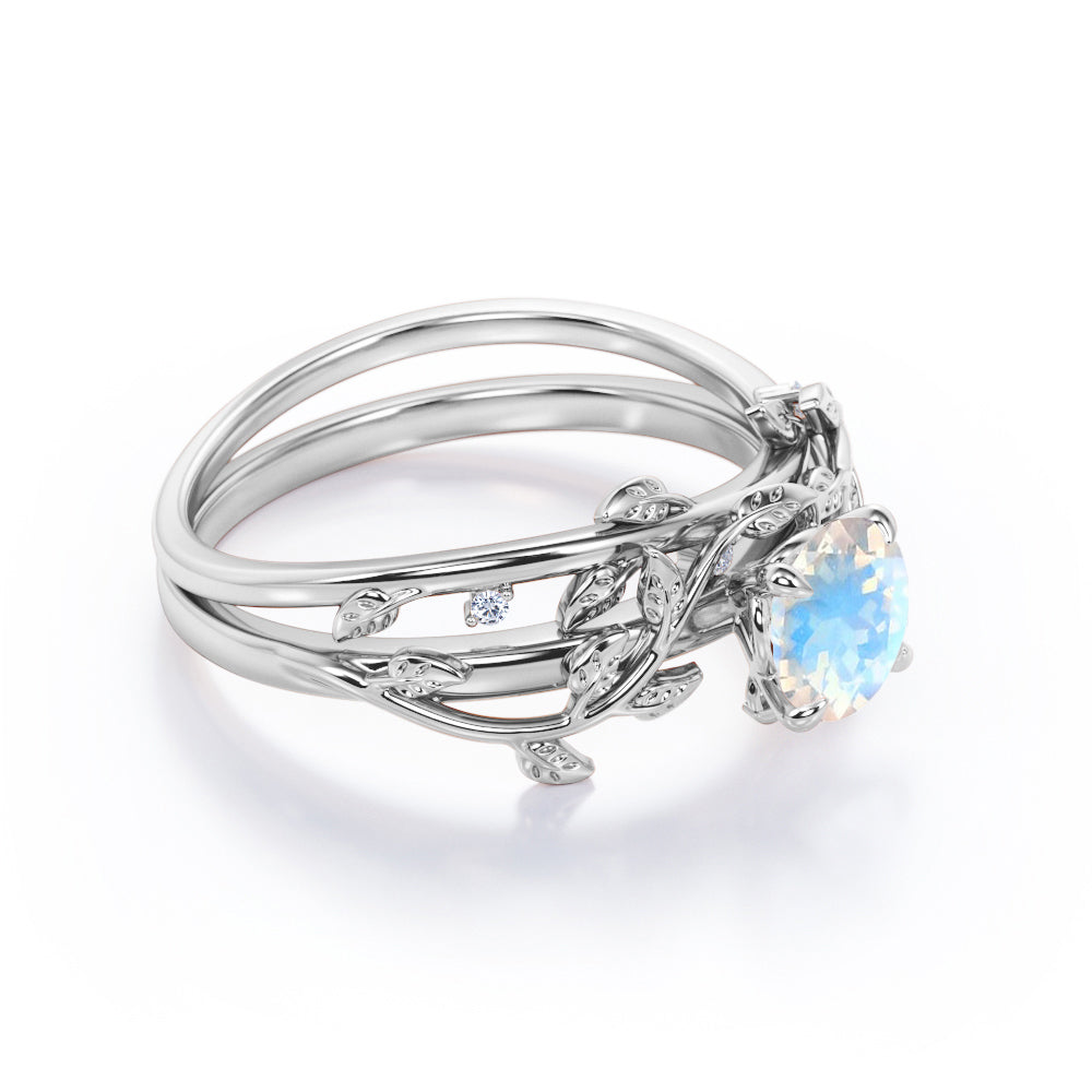 0.50 Carat Round Faceted Blue Moonstone Wedding Set - Intricate Vintage Moonstone Ring - 18k White Gold over Silver