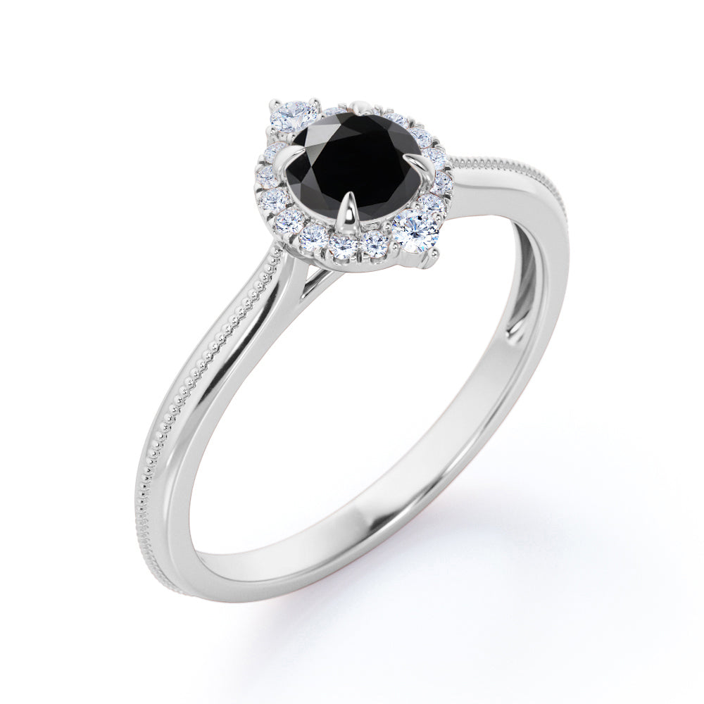 1 carat round cut Black Diamond halo engagement ring in white gold