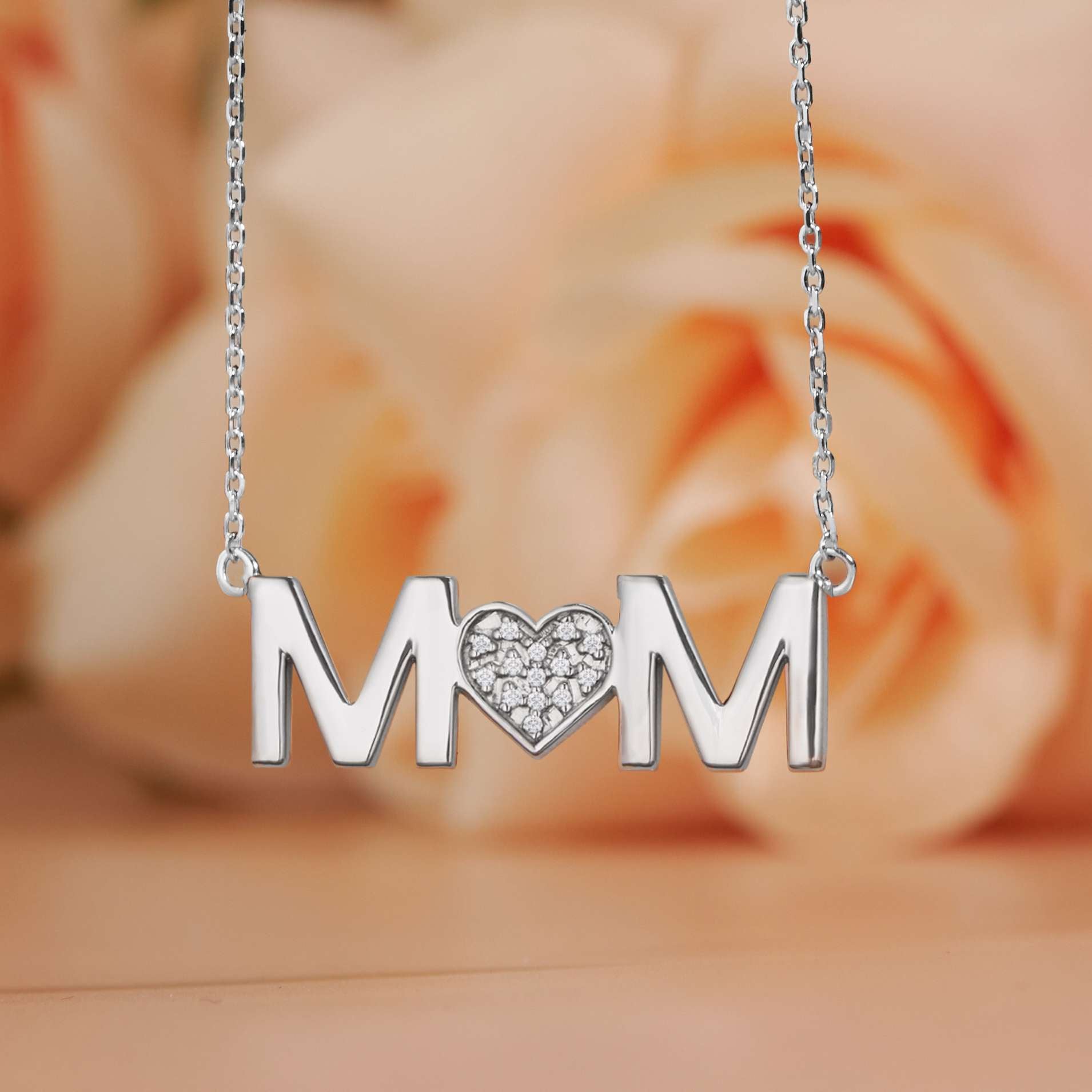 MOM Diamond Pendant Necklace in 18K White Gold over Silver