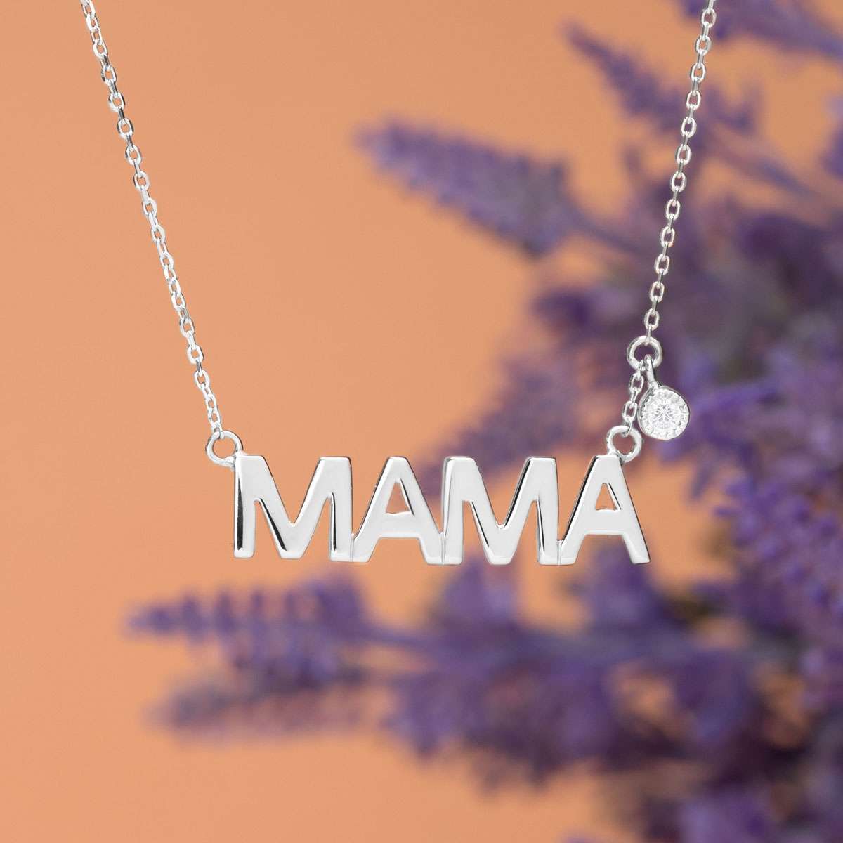 MAMA Diamond Pendant Necklace in 18K White Gold over Silver