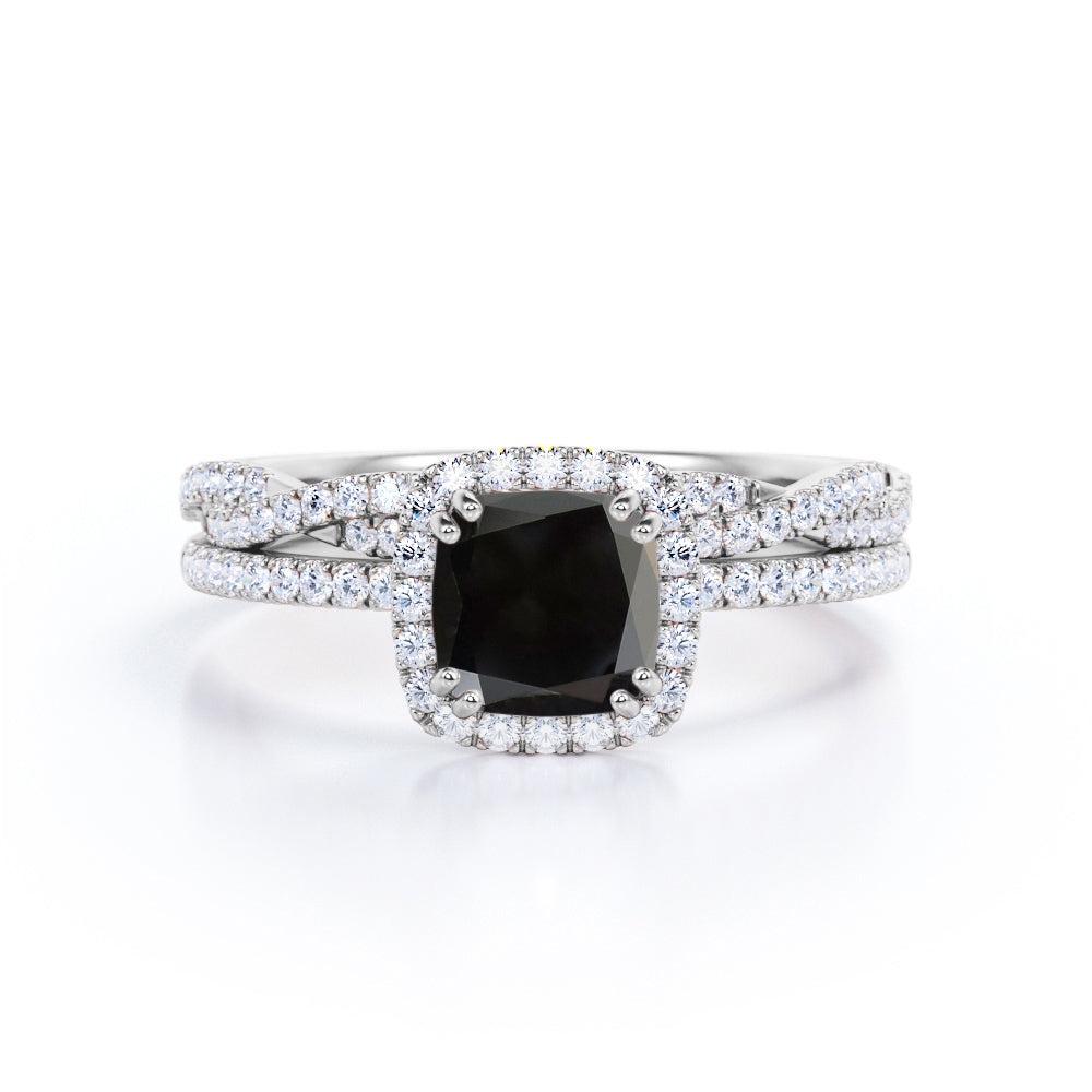 2 carat cushion cut Black Diamond halo bridal set in white gold