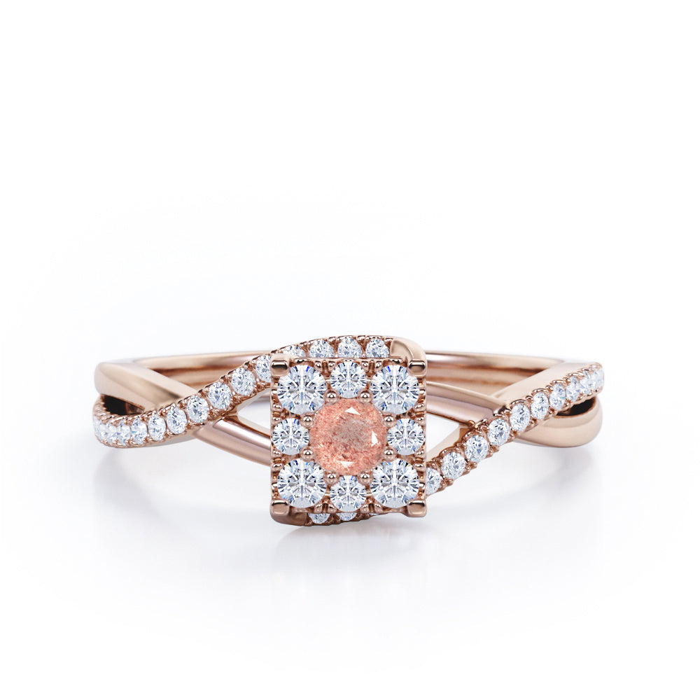 Semi Twisted Infinity 0.9 Carat Round Shape Strawberry Quartz Square Floral Cluster in Rose Gold