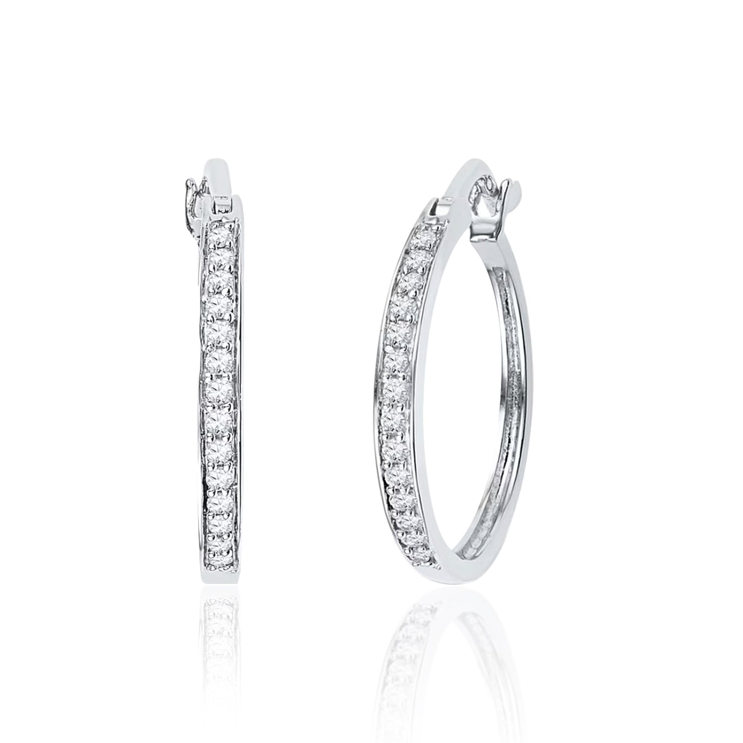 1 Carat Pave Set Thin Moissanite Huggie Earrings in 18K White Gold over Silver