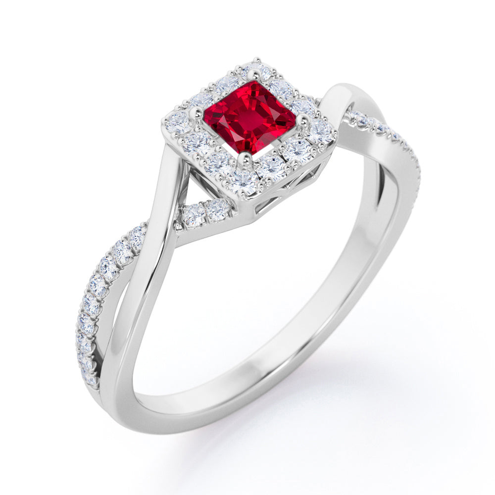 1.25 Carat Princess Cut Lab-Created Ruby - Half Crossover Pave - Halo Engagement Ring in White Gold