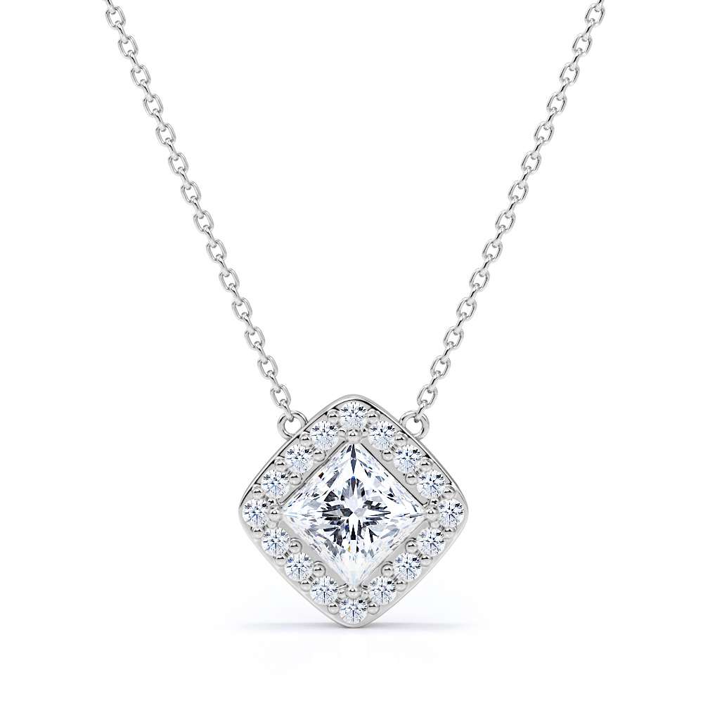 Real Diamond Princess Cut with Moissanite Halo Pendant Necklace in 18K White Gold over Silver