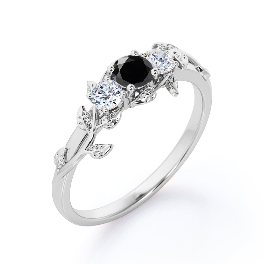 1 carat round cut  Black Diamond leaf style engagement ring in white gold