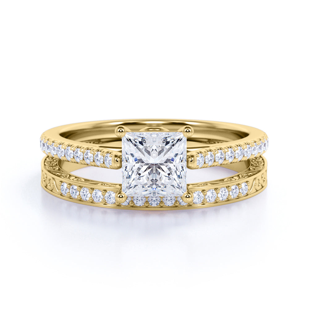 Princess Cut Diamond - Pave Band - Simple Antique Engagement Ring Set - 10K Yellow Gold