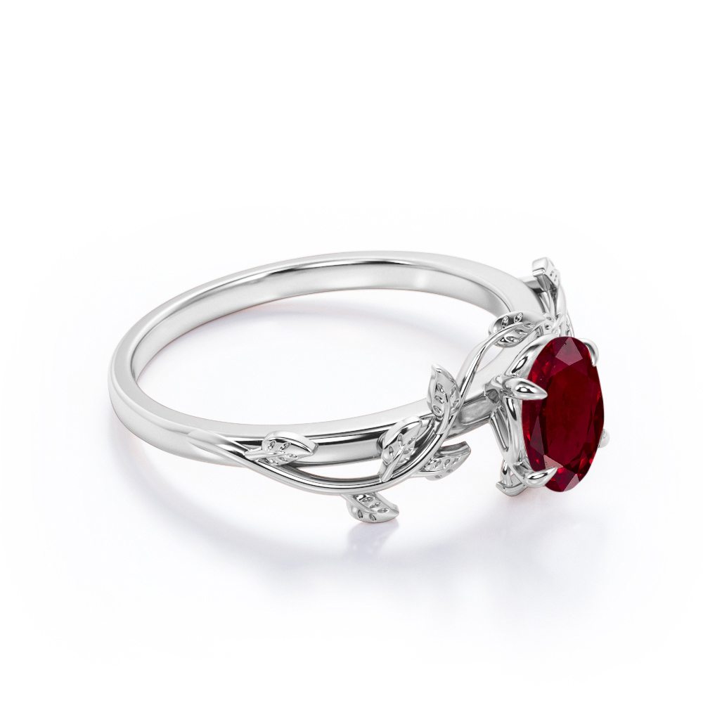 1 carat Oval Cut Lab-created Ruby Leaf Vine Engagement ring in White Gold