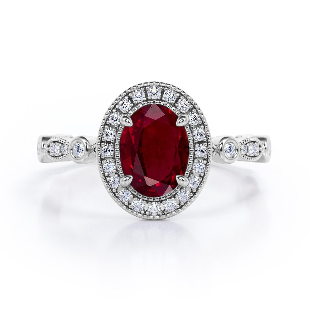 Vintage Halo 1.35 Carat Oval Cut Lab-Created Ruby And Diamond Art Deco Engagement Ring In Rose Gold