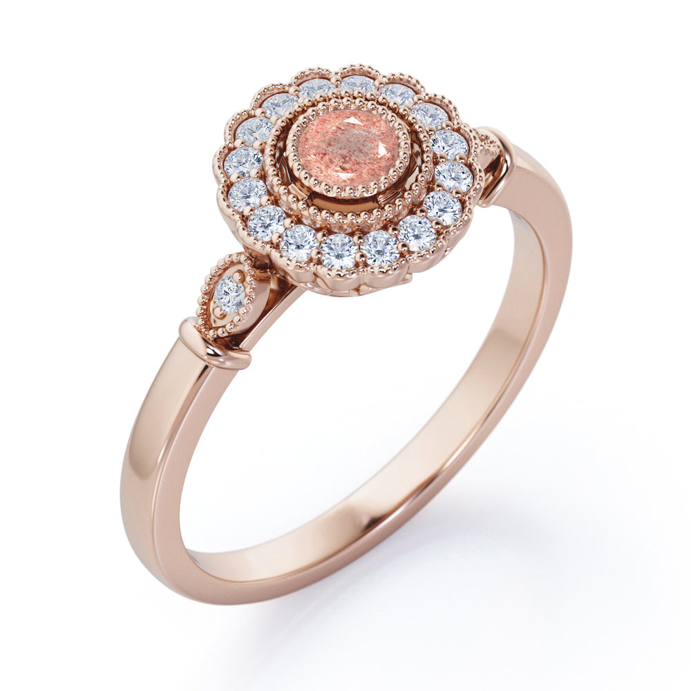 Milgrain Flower Halo 1.2 carat Carat Round Brilliant Cut Strawberry Quartz Trilogy Bezel Engagement Ring in Rose Gold