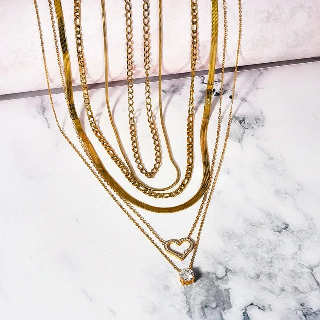 Multipack 6 pc Women Layered Necklace Pendant, Yellow Gold Plating, Gold Chain, Choker Necklace, Herringbone Layered Necklace Jewelry Gift