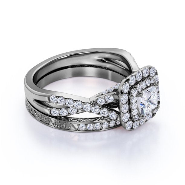 Square Diamond 0.5 carat - Double Halo - Twisted Band - Vintage Inspired - Pave - Wedding Ring Set in 10K White Gold