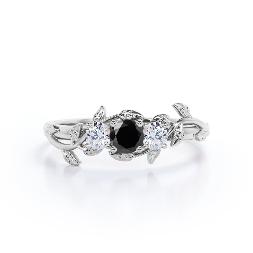 1 carat round cut  Black Diamond leaf style engagement ring in white gold