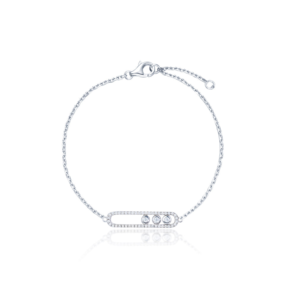 Unique Dancing Round Cut Moissanite Bracelet Pave Oval Framed in 18K White Gold over Silver