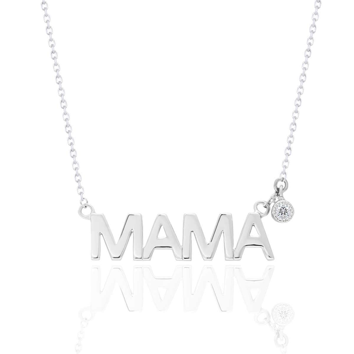 MAMA Diamond Pendant Necklace in 18K White Gold over Silver