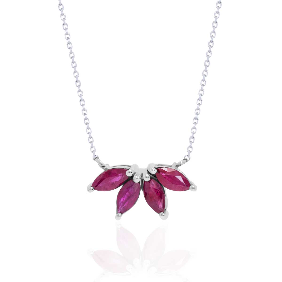 Vintage Floral Custom Birthstone Marquise Ruby Petal Pendant Necklace in 18k white gold over silver