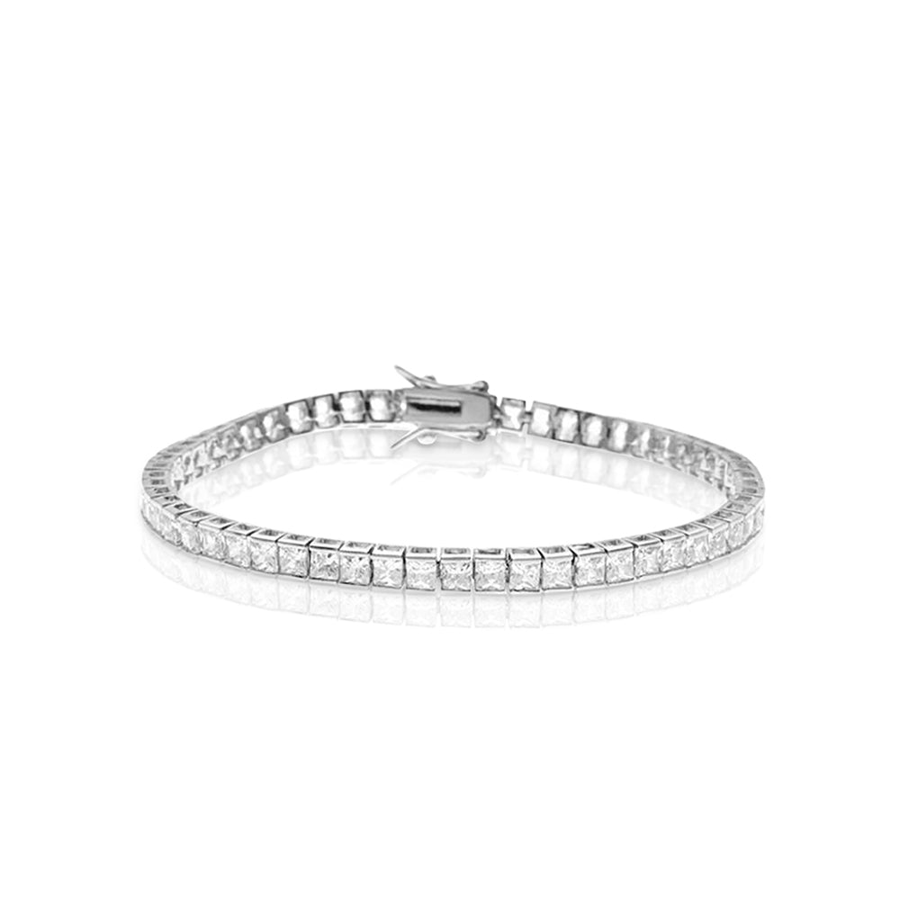 3 Carat Princess Cut Moissanite Tennis Bracelet Eternity Design in 18K White Gold over Silver, Female, Adult