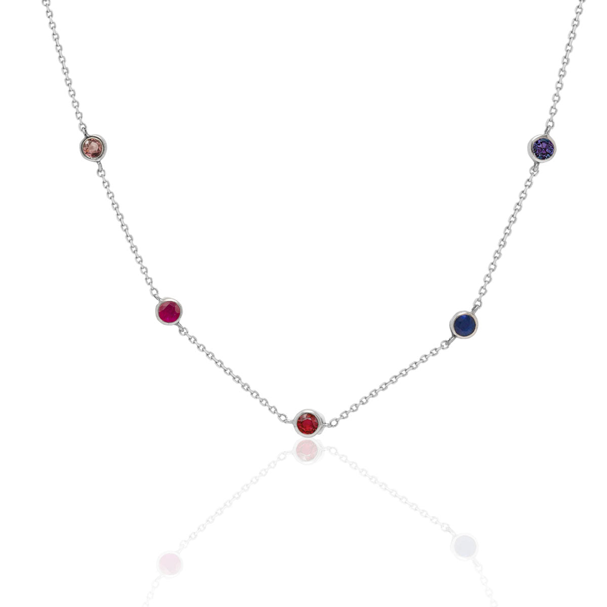 Multi Birthstone Custom Long Station Necklace for women in 18k white gold over silver