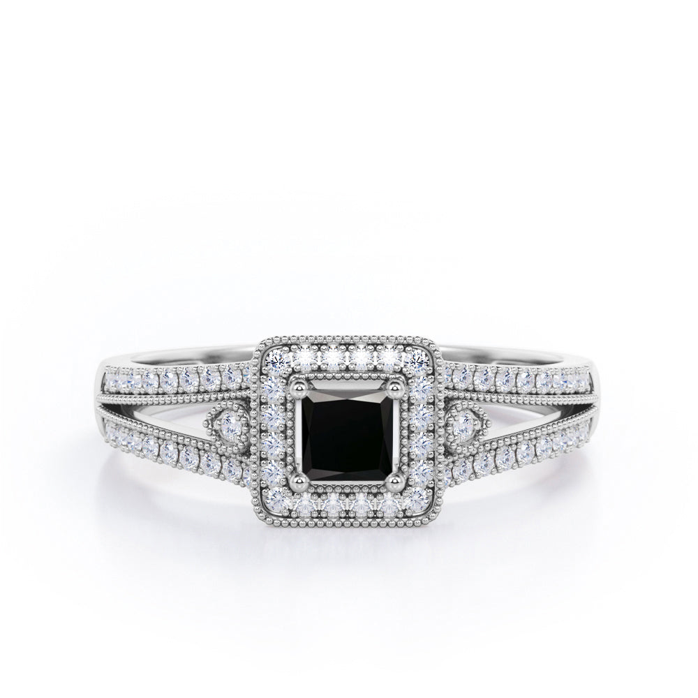 Split-Shanked Pave 1.55 Carat Princess Cut Black Diamond Milgrain-Bordered Halo Engagement Ring in White Gold