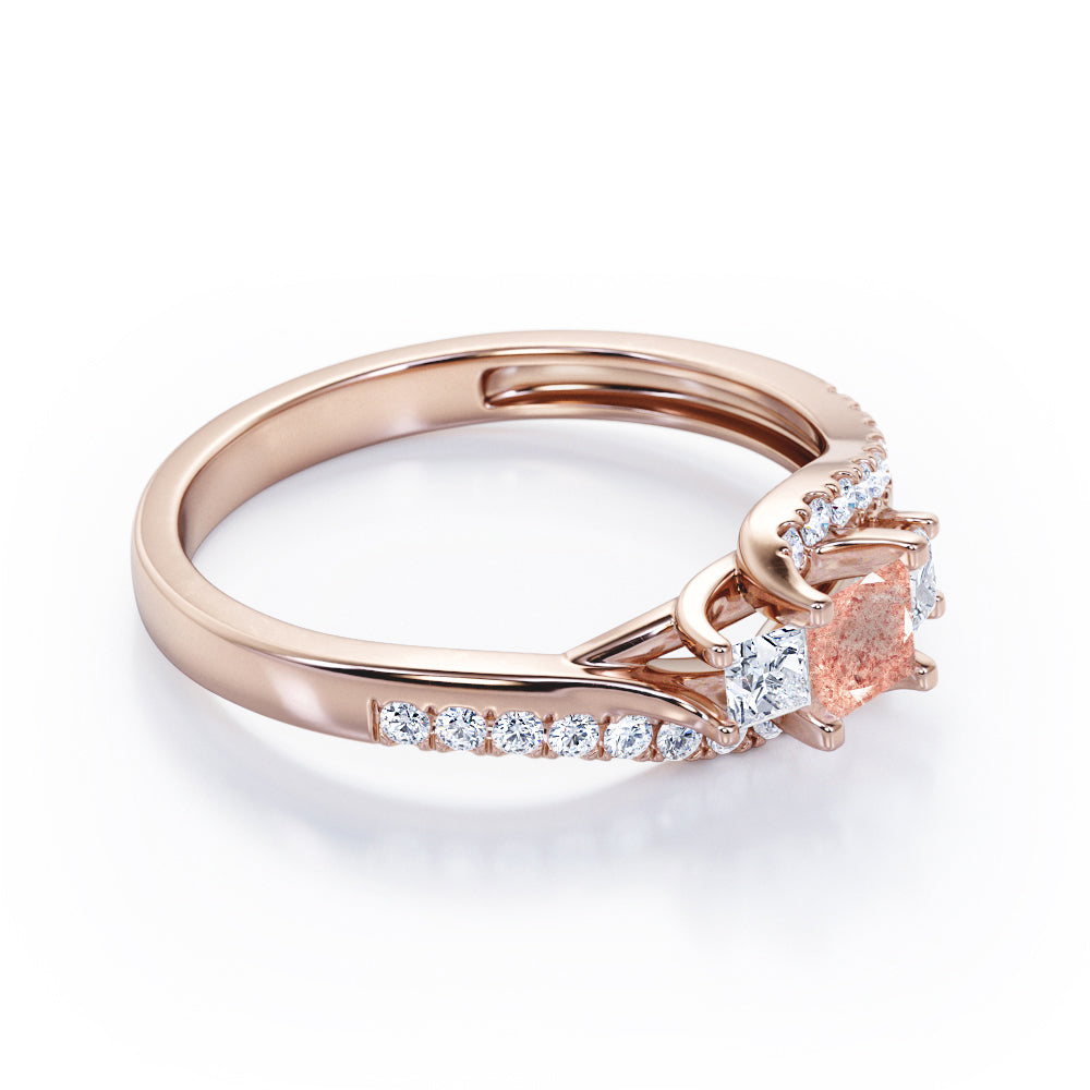 Trellis Three Stones 1 carat Princess Strawberry Quartz and diamond Braided Engagement Ring in Rose Gold