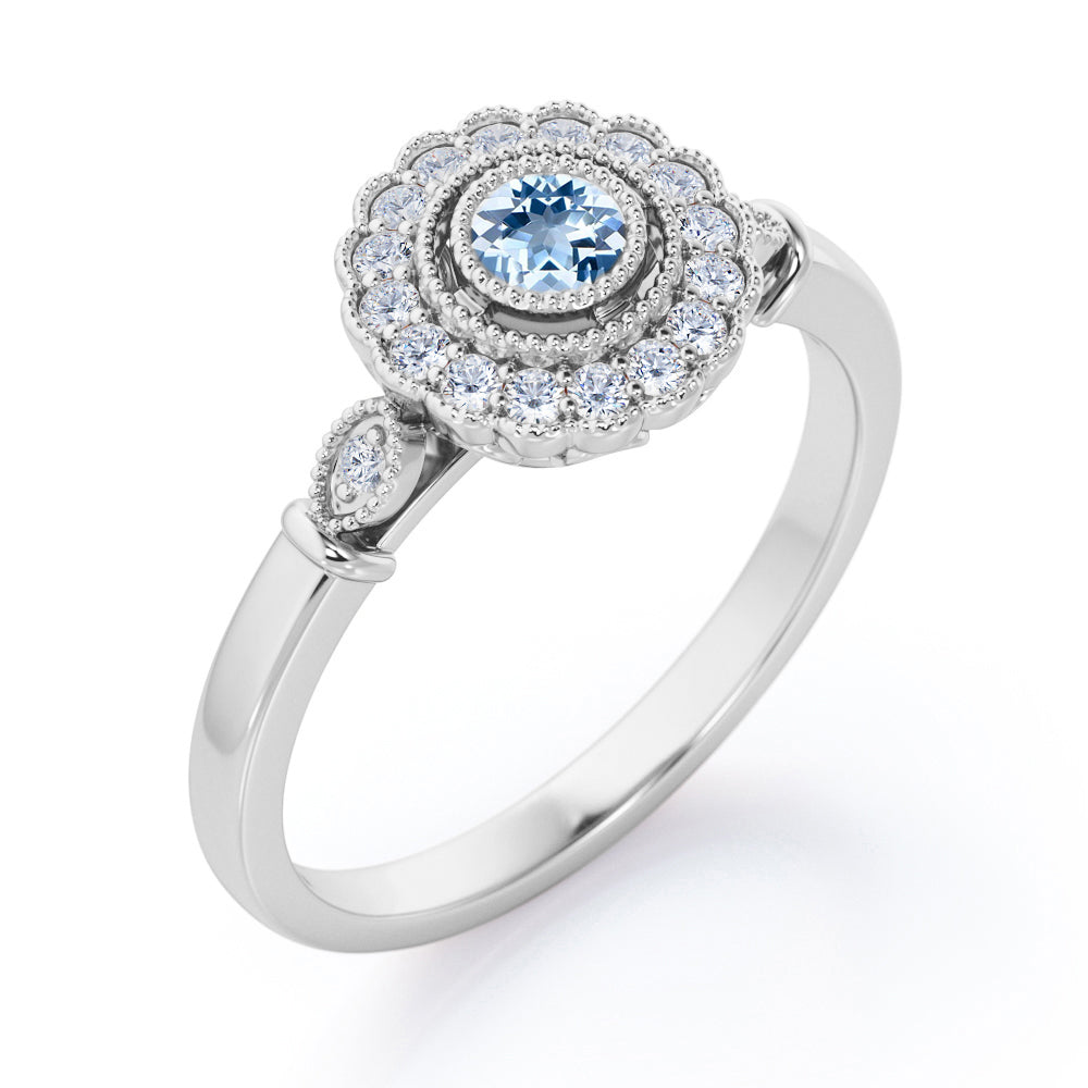 Milgrain Flower Halo 1.2 carat Carat Round Brilliant Cut Aquamarine Trilogy Bezel Engagement Ring in White Gold