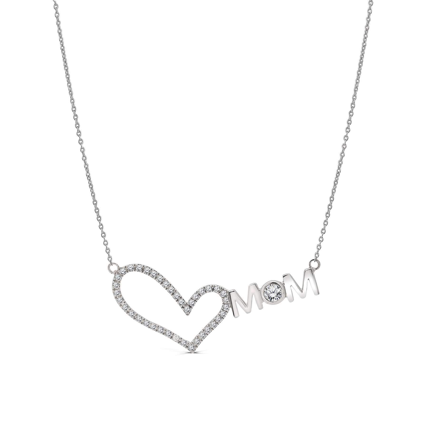 Accented Moissanite Mom Heart Pendant Necklace in 18K White Gold over Silver