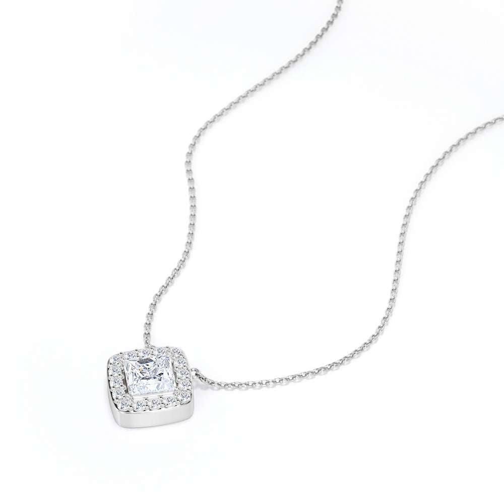 Real Diamond Princess Cut with Moissanite Halo Pendant Necklace in 18K White Gold over Silver