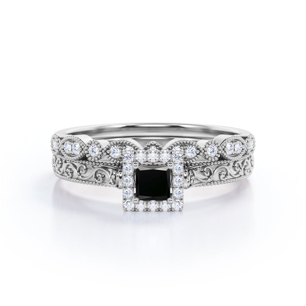 1.3 Carat Princess Cut Lab Grown Black Diamond Antique Bridal Set In White Gold