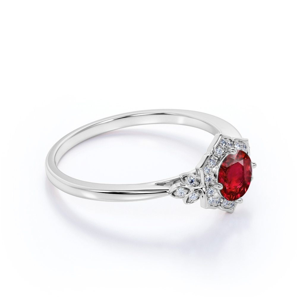 Antique Leaf Design 1.20 Carat Round Cut Lab-Created Ruby and Diamond Engagement Ring in Rose Gold