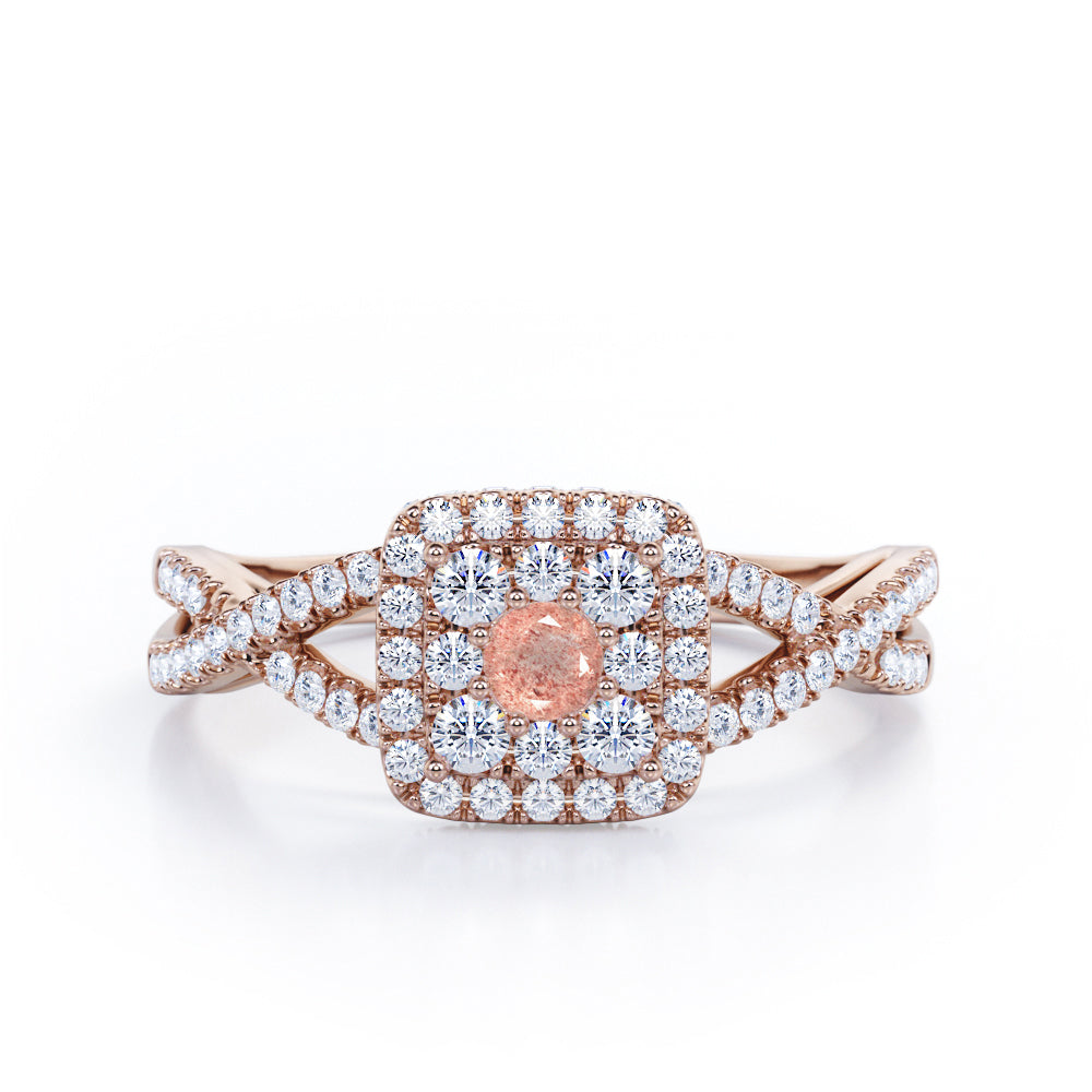 Pave Crossover - 1.25 Carat Round Cut Strawberry Quartz - Flush Cluster Halo Engagement Ring in Rose Gold