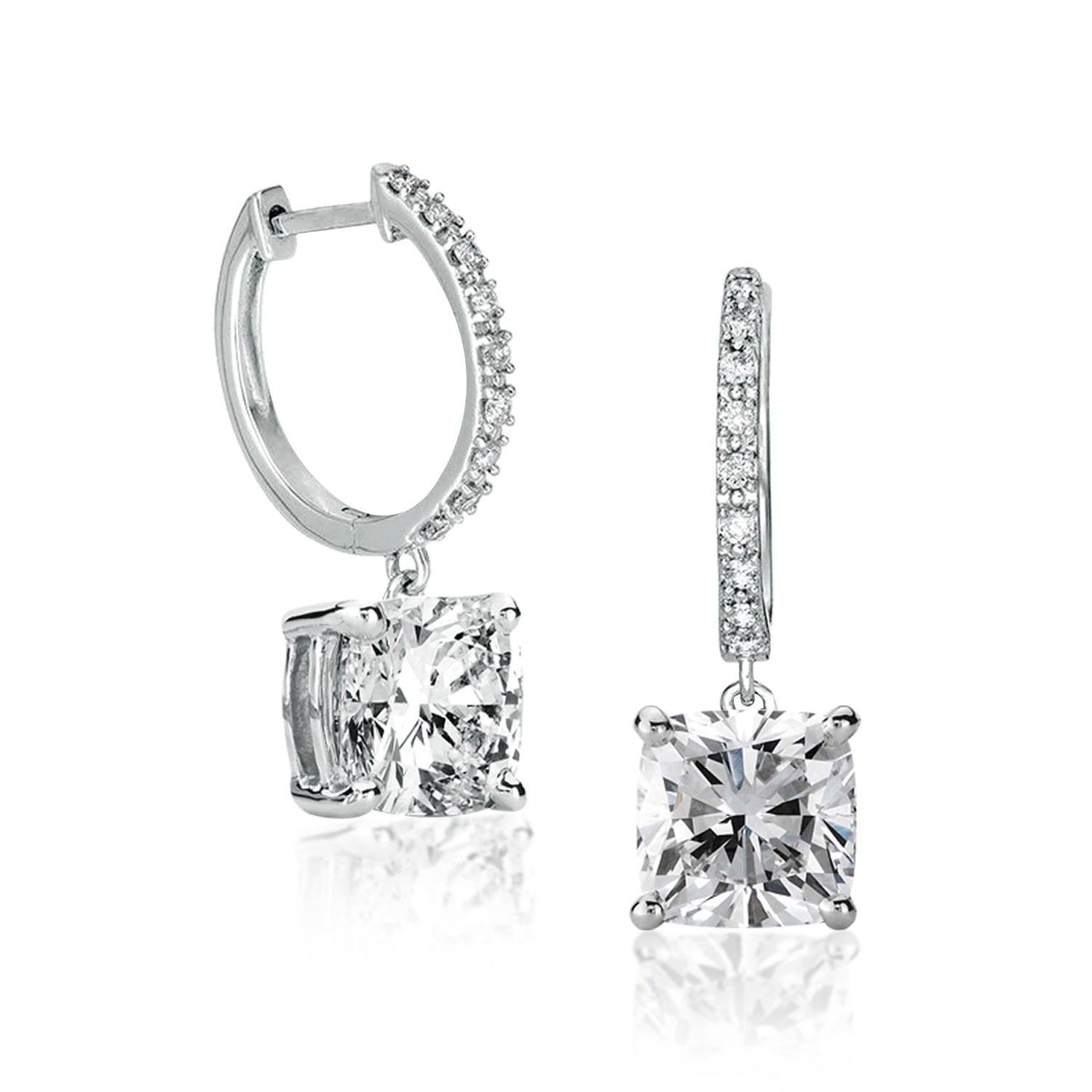 1.75 Carat Cushion Cut Moissanite Hoop Earrings Pave Set with Charm in 18K White Gold over Silver