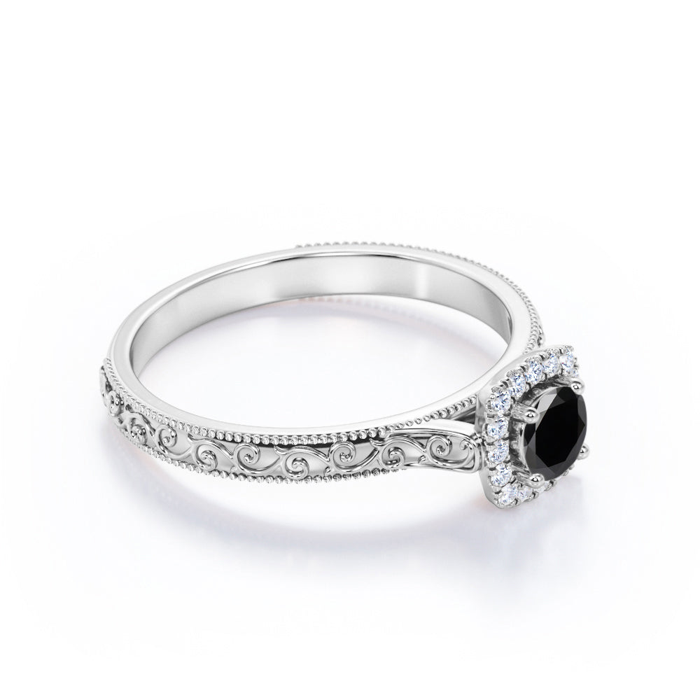 1.15 Carat Round Cut Lab Grown Black Diamond Art Deco Engagement Ring In White Gold