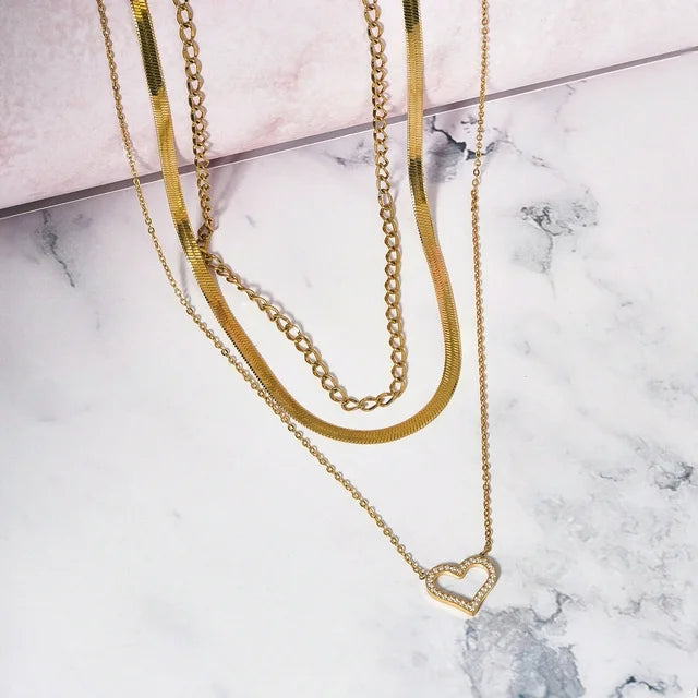 Multipack 3 pc Women Layered Necklace Pendant, Yellow Gold Plating, Gold Chain, Choker Necklace, Herringbone Layered Necklace Jewelry Gift