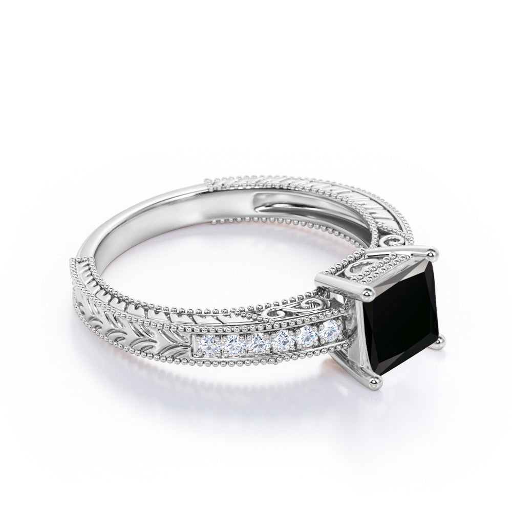 1.25 carat princess cut Black Diamond vintage milgrain engagement ring in white gold