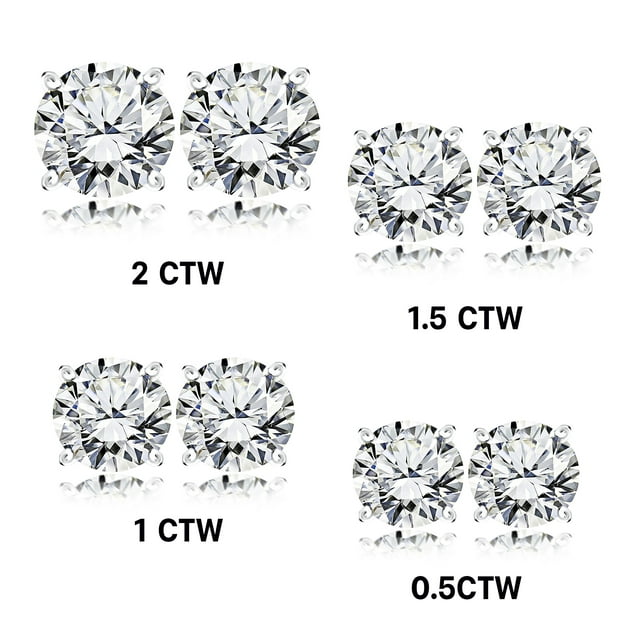 1 Carat Round Shaped Moissanite Solitaire Stud Earrings - 4 Prong - In 18K White Gold Plating Over Silver