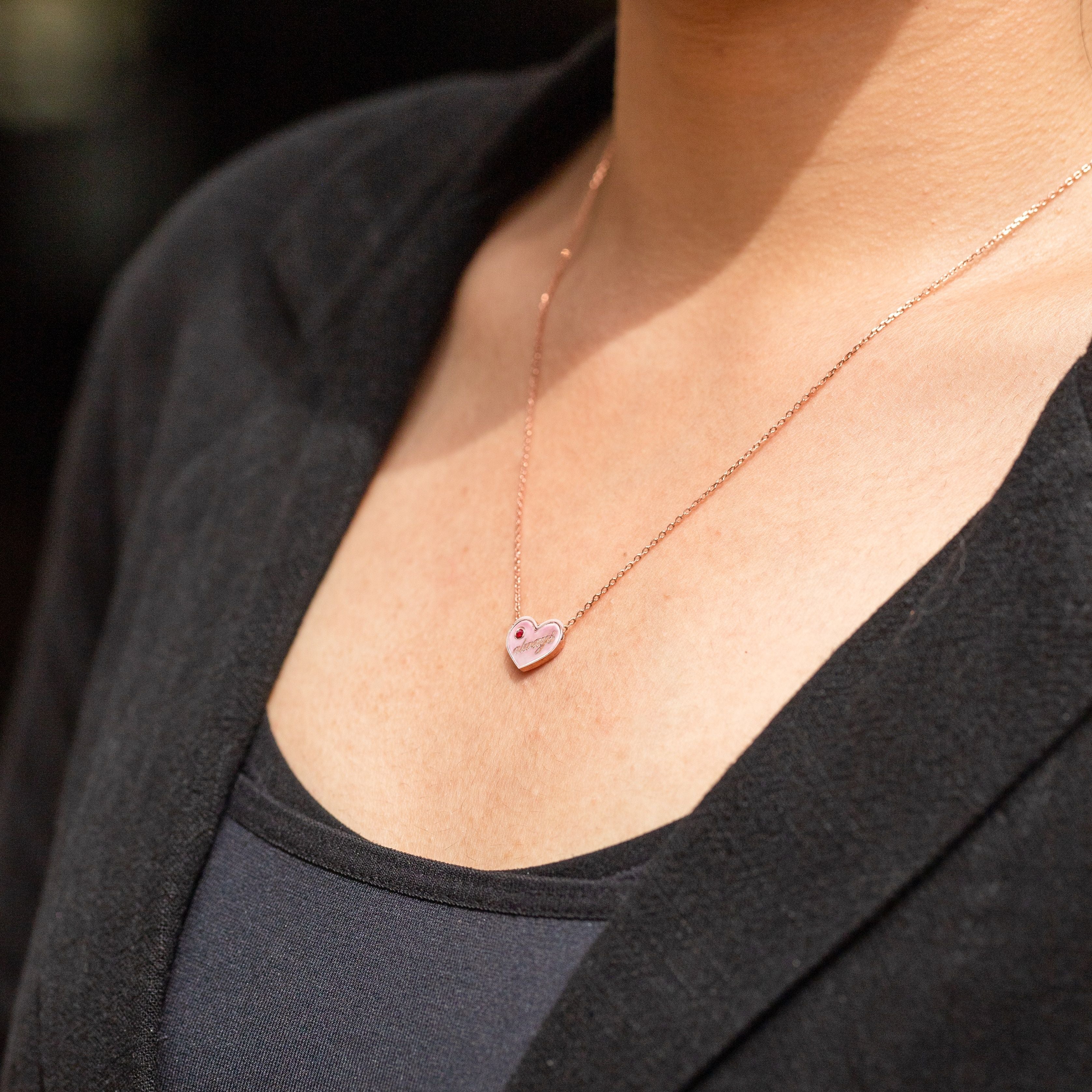 Always Charm Necklace with Natural Round Cut Ruby in 18K Rose Gold Plating over Silver