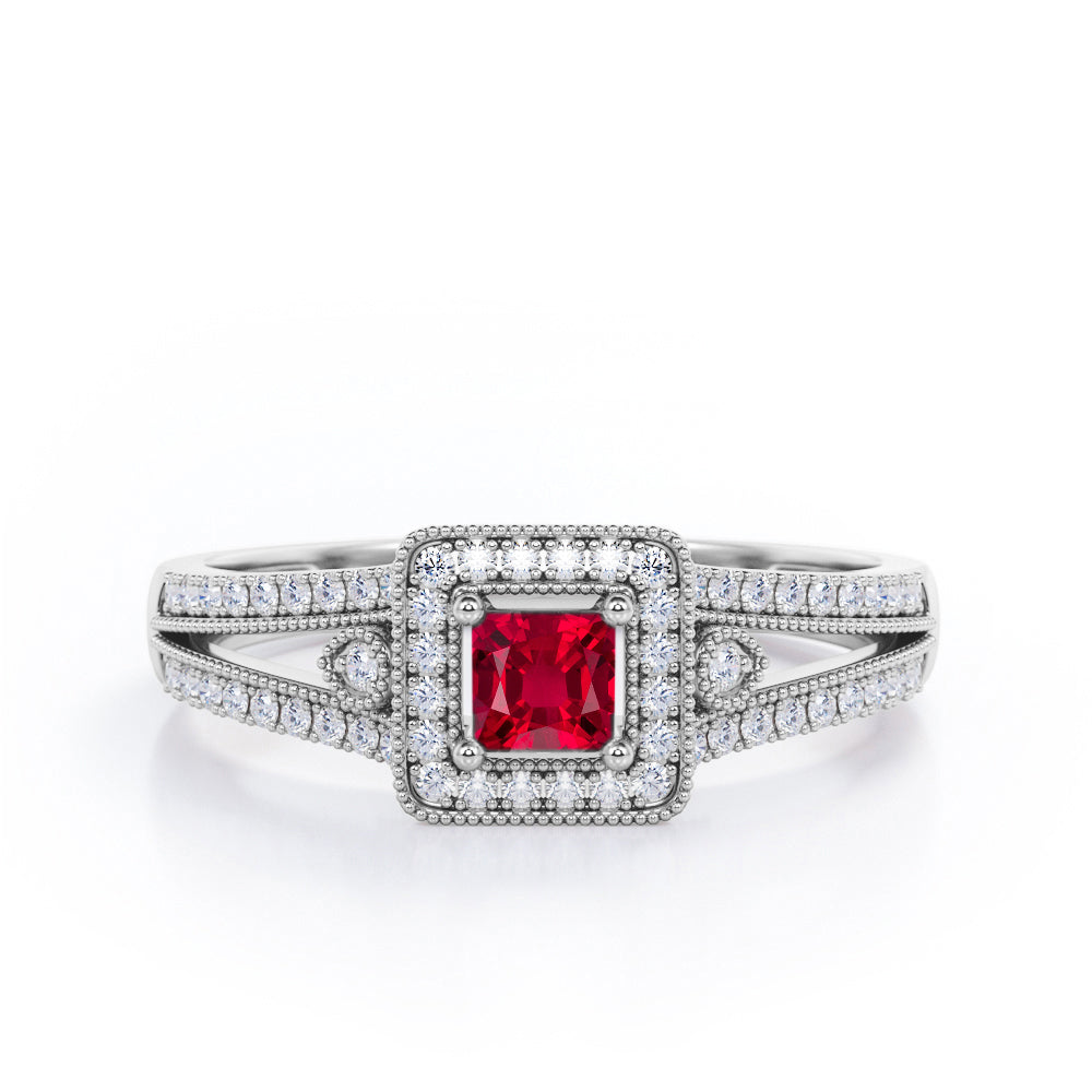 Split-Shanked Pave 1.55 Carat Princess Cut Ruby Milgrain-Bordered Halo Engagement Ring in White Gold