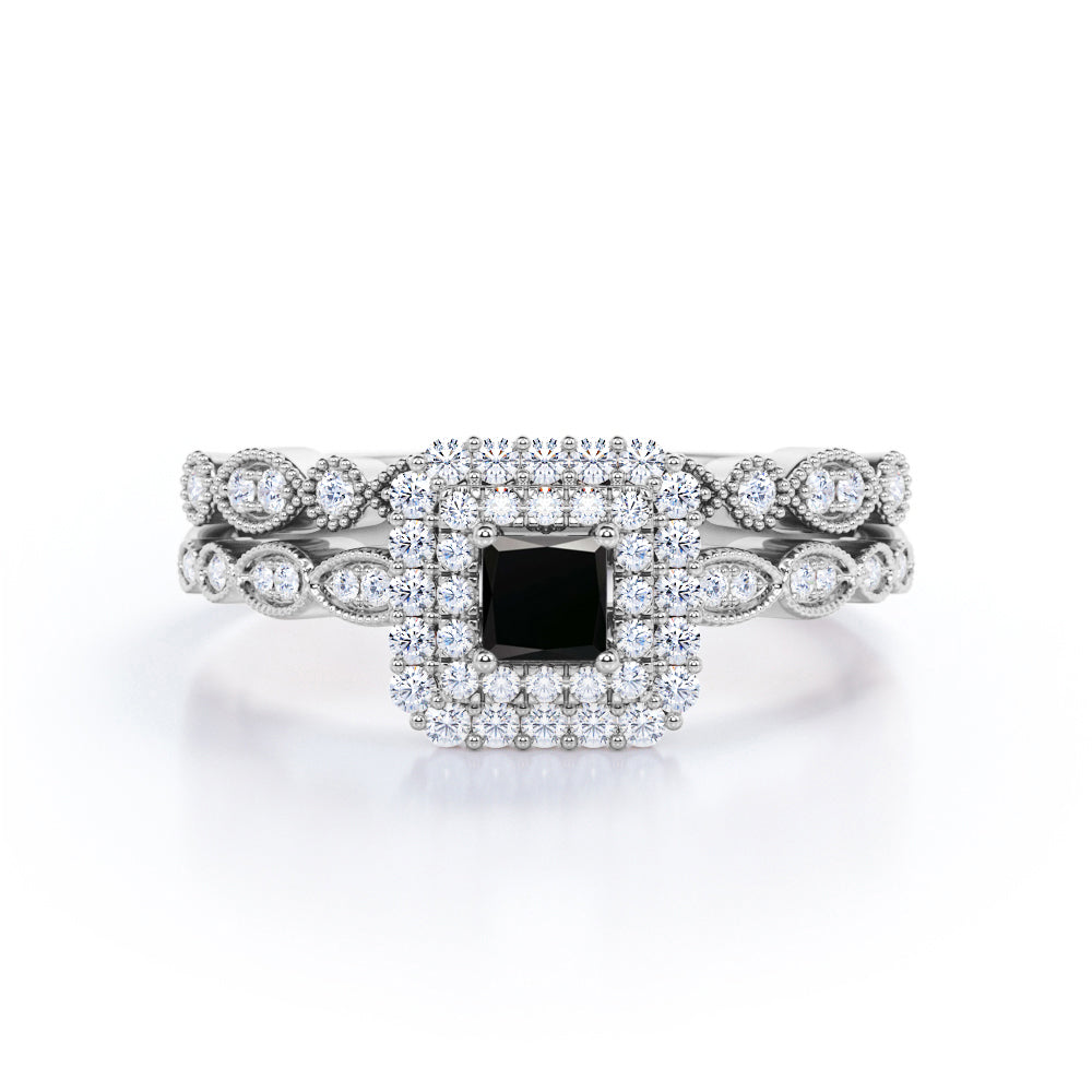 1.65 Carat Princess Cut Lab Grown Black Diamond Vintage Art Deco Bridal Set In White Gold