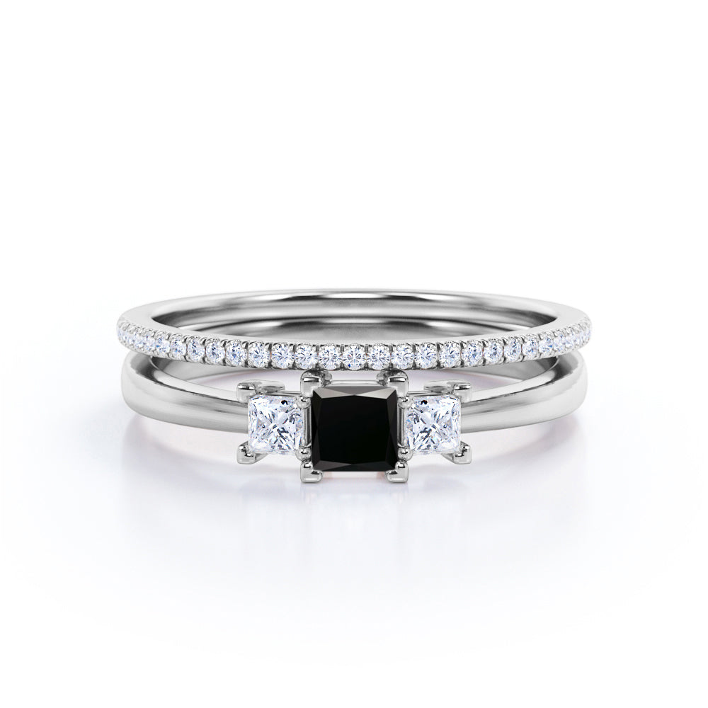 1.45 Carat Princess Cut Lab Grown Black Diamond Trilogy Wedding Ring Set In White Gold