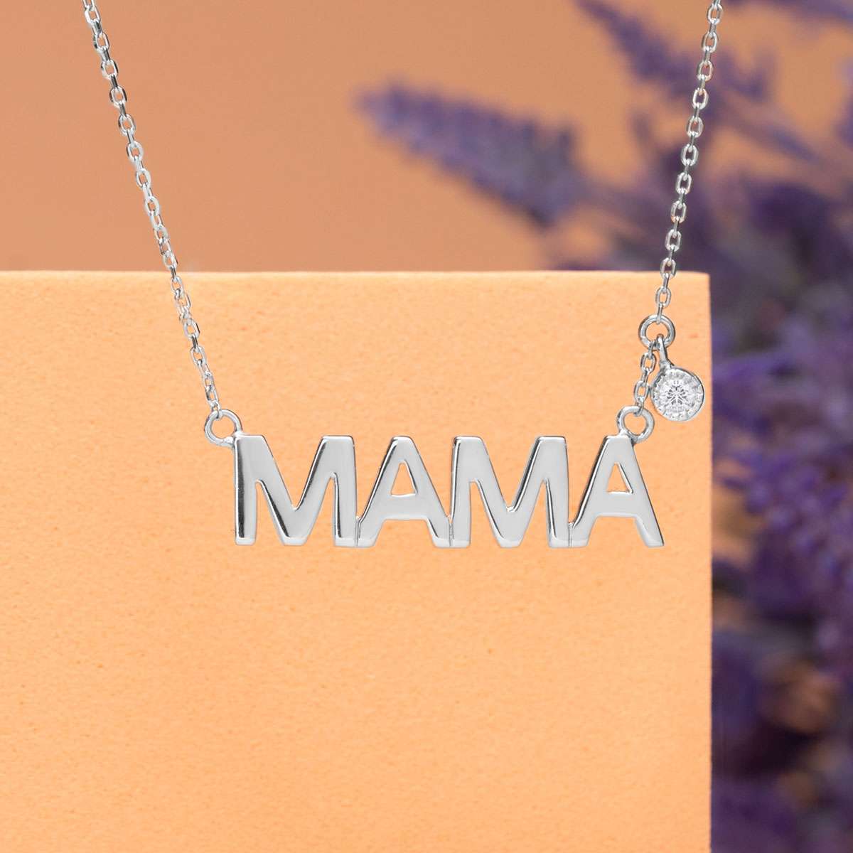 MAMA Diamond Pendant Necklace in 18K White Gold over Silver